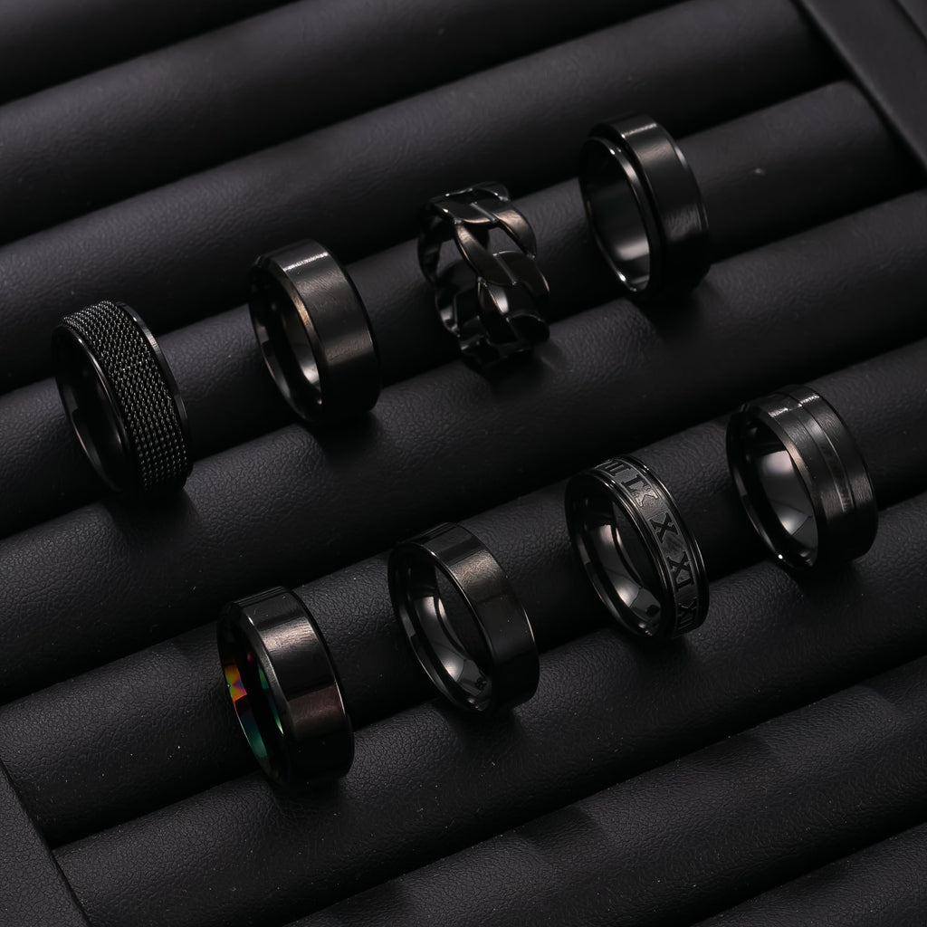 8pcs Fashion Stainless Steel Men's Ring Set, Minimalist Hollowed-out Geometric Rings, Men's Personality, Hip-hop, Punk Rings, Suitable for Daily Commute, Dating, and Party Wear, a Gift for Men