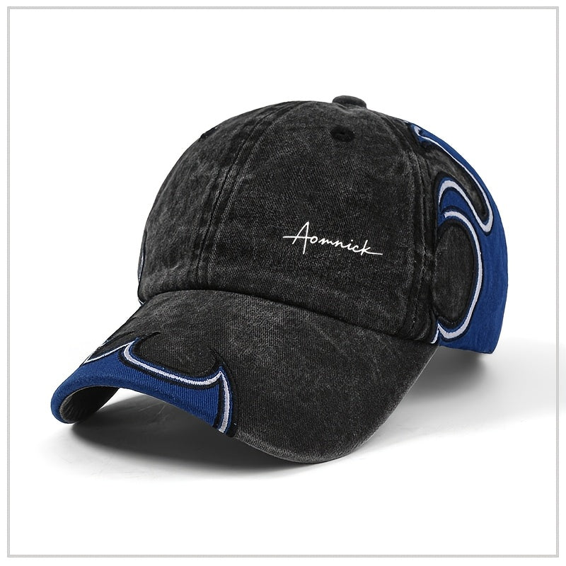 American-style English Streetwear Flame Embroidery Baseball Cap for Men and Women, Spring/Autumn Wide Brim Face-Slimming Hip-Hop Baseball Cap, Trendy