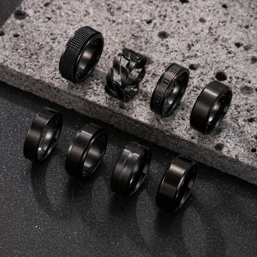 8pcs Fashion Stainless Steel Men's Ring Set, Minimalist Hollowed-out Geometric Rings, Men's Personality, Hip-hop, Punk Rings, Suitable for Daily Commute, Dating, and Party Wear, a Gift for Men