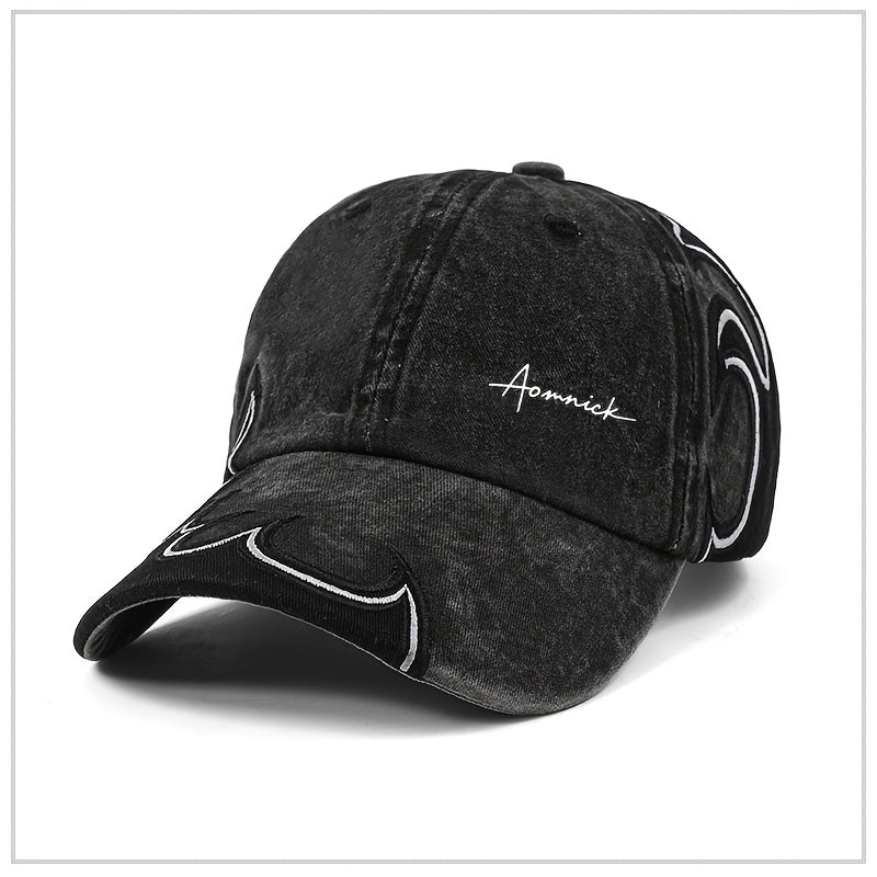 American-style English Streetwear Flame Embroidery Baseball Cap for Men and Women, Spring/Autumn Wide Brim Face-Slimming Hip-Hop Baseball Cap, Trendy